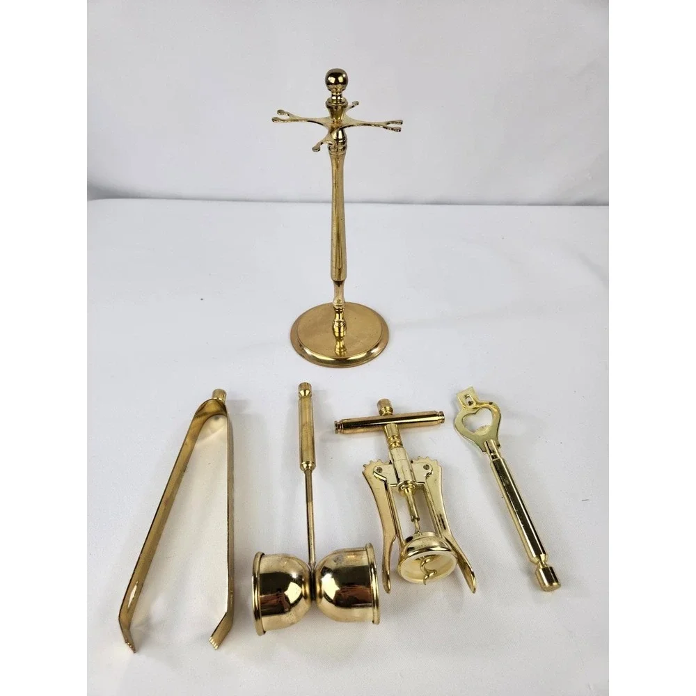 Vintage 5pc Brass Plated Bar Tool Set Stand Wine Opener Key Jigger Corkscrew MCM